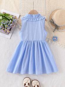 女童格子领无袖休闲连衣裙，户外/度假风，校园时尚款 - 藏蓝色 - 查看 2