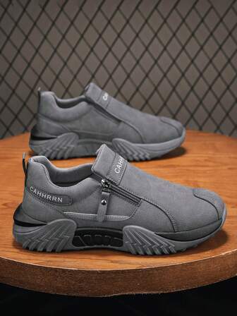 2026 New Men's Casual Sports Shoes, Thick Sole Anti-Slip Wear-Resistant Low-Top Round Toe Side Zipper Design, Comfortable Men's Sports Shoes, Solid Color Letter Print, Soft Sole Soft Surface Lightweight Comfortable Casual Commuting Men's Sneakers