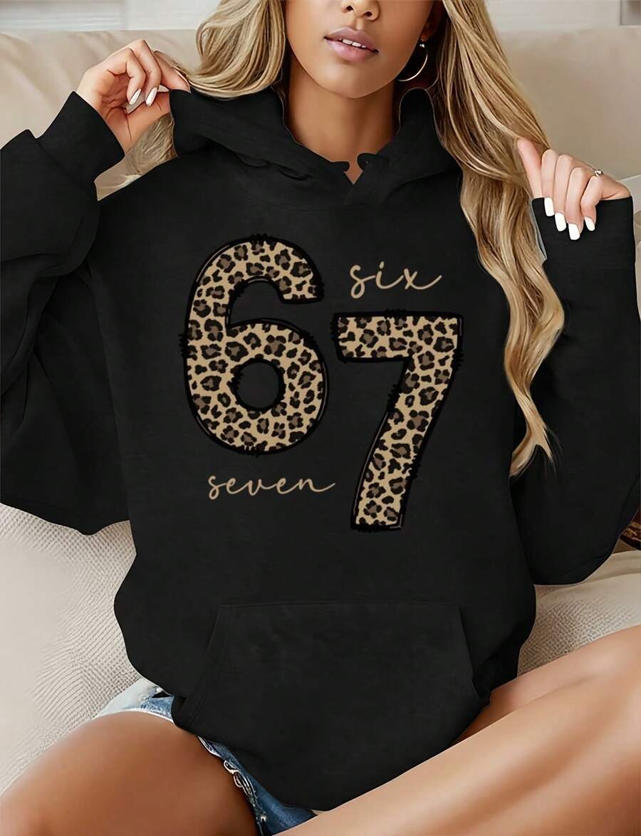 67 Women Hoodie Comfortable Plus Size Leopard Print And Text Design Hooded Sweatshirt For Casual Wear Comfort Fabric Suitable As Gift - màu đen - Xem 1