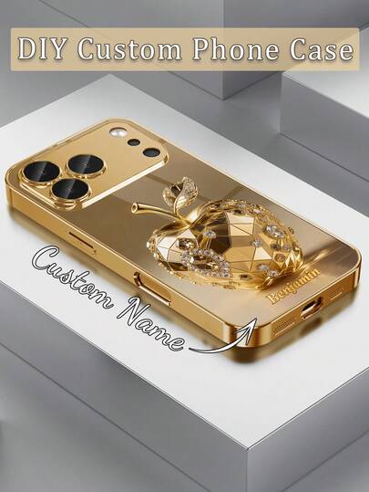 1 pieza Funda de teléfono de vidrio chapada en oro con patrón de decoración de manzana de cristal de moda personalizable compatible con iPhone 17 Pro Max/16 Pro Max/15/14 Plus/13 Pro/12 Pro Max/11/Xs Max/8/7/6 Plus, de moda, colorida, linda, divertida, minimalista, a juego