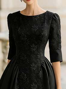 Women's Elegant Minimalist Black Jacquard Patchwork Fabric Round Neck Short Sleeve Midi Dress, Spring/Summer - Black - View 3