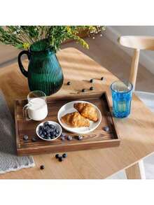 17 Inch Burnt Wood Serving Tray With Handles, Large Wooden Decorative Tray For Ottoman, Breakfast In Bed, Coffee Table, Dinner, Rectangular Tray For Living Room Bedroom Entryway And Kitchen - ColorC - 查看 5