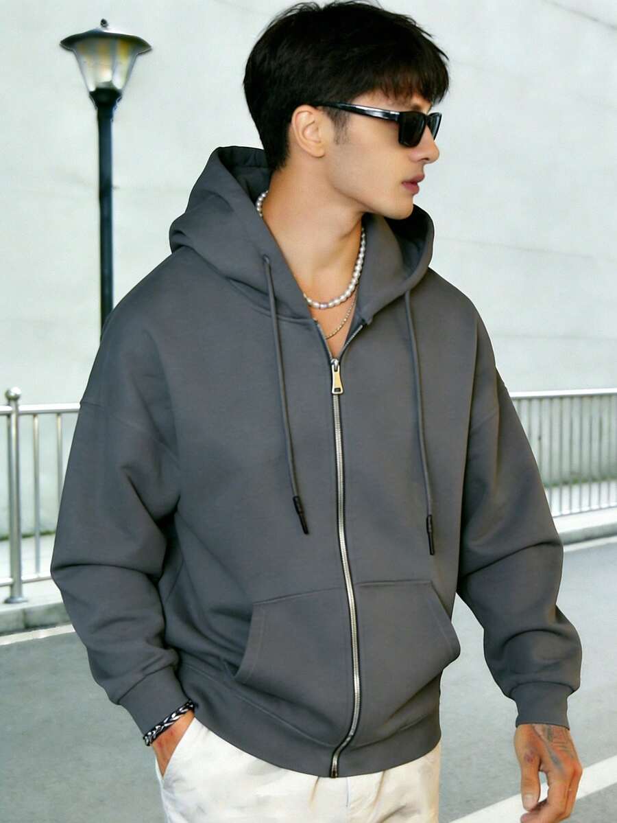 Áo hoodie nam màu trơn, áo nỉ có khóa kéo, áo dài tay, kiểu dáng thường ngày, thích hợp cho mùa thu. - Màu xám đen - Xem 1