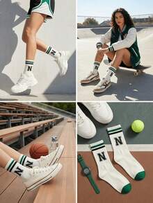1pair Women's White Fashionable Retro Sport Mid-Calf Socks With Letter Print, Fall - White - View 3