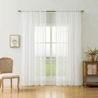 1pc White Polka Dot Jacquard Sheer Curtain, Pom Pom Trim, Rod Pocket Top, Soft, Durable, Light Filtering, Elegant Window Decor For Bedroom, Living Room, Office, Valentine's Day, Wedding, Party, Confession Season, Dorm