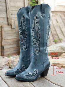 女士西部风情TPU侧拉链刺绣时尚靴，方头高跟性感过膝靴，适合度假及所有季节 - 藍色 - 查看 6