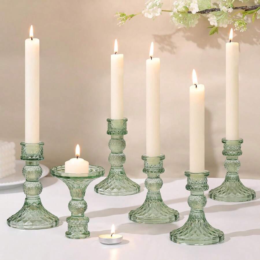 DARJEN Green Glass Candlestick Holders Set Of 6, 4" H & 5" H Taper Candle Holders For Candlesticks & Pillar Candles, Diamond Candle Holders For Wedding Party Table Centerpiece, Home Decor - 粉色 - 查看 1