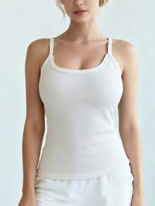 多功能U领白色性感简约吊带背心，修身透气外穿/内搭，露背时尚短款无袖上衣带胸垫，休闲运动背心 - 白色 - 查看 5