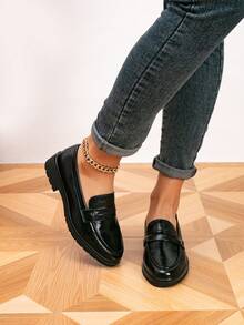 女士乐福鞋，圆头复古平底乐福鞋，户外复古女鞋，女鞋，休闲鞋，黑色鞋 - 黑色 - 查看 5