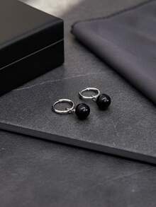 1 Pair Stainless Steel Hoop Earrings With Black Acrylic Beaded Pendant For Men, Hip Hop Style Accessories For Two-Style Wearing - Black - View 2