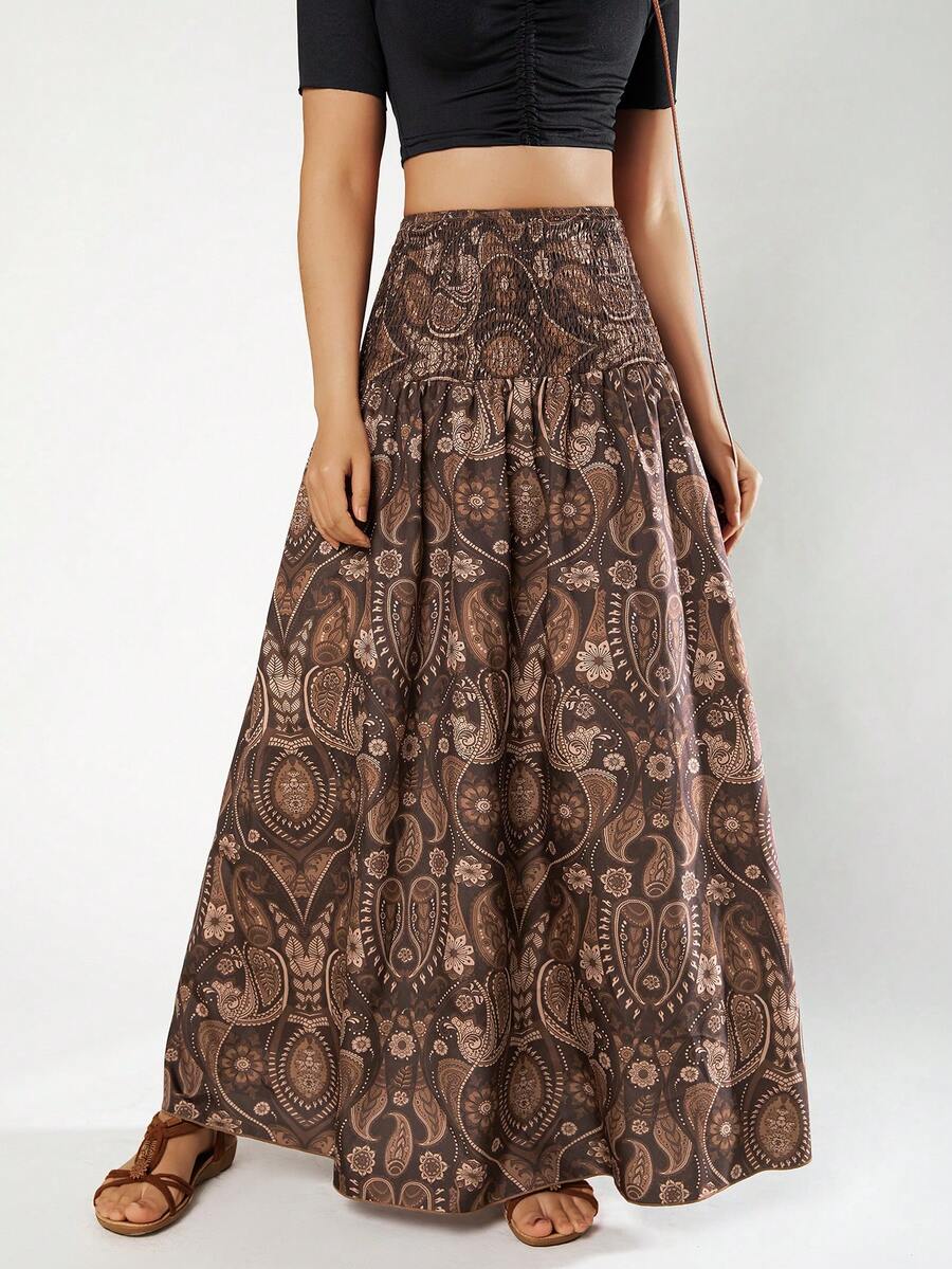 女士休闲百搭腰果印花A字裙，适合约会和外出穿着 - 棕色 - 查看 1