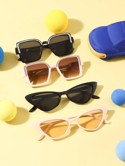 一套4副儿童（8-14岁）聚碳酸酯方形猫眼眼镜，酷炫个性百搭时尚眼镜，适合户外、旅行、节日、派对等场合，附赠眼镜盒