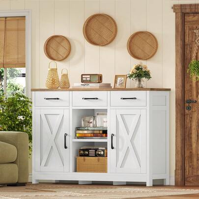Sideboard Buffet Cabinet,Farmhouse Buffet Cabinet With Storage For Kitchen, Coffee Bar With Adjustable Shelf For Dining Room, White