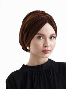 1pc Women's Classic Solid Color Chemo Turban Hat, High Elasticity, Pleated Design, Non-Slip, Breathable, Multi-Layer Pleated Headscarf, Perfectly Paired With Hijab, Soft And Skin-Friendly Modal Knitted Fabric, Suitable For Hijab Outfit, Daily Wear - Black - View 33