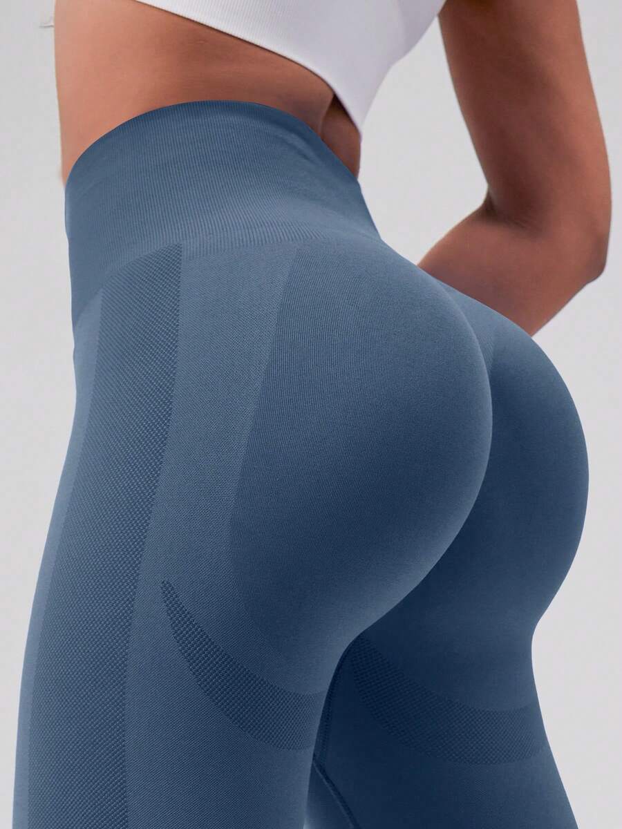 1 pieza Pantalones deportivos casuales de unicolor para mujer, pantalones de yoga de cintura alta con control de abdomen, pantalones de cintura alta que levantan el trasero - Azul Marino - Ver 1