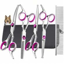 6 In 1 Dog Grooming Scissors Kit, 4CR Stainless Steel & Heavy-Duty, Professional Dog Scissors Grooming/ Safety Round Tips, & Study Grooming Shears Kit Dogs Cats Pets(Blue/Pink) - Hồng - Xem 1