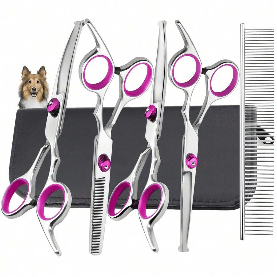 6 In 1 Dog Grooming Scissors Kit, 4CR Stainless Steel & Heavy-Duty, Professional Dog Scissors Grooming/ Safety Round Tips, & Study Grooming Shears Kit Dogs Cats Pets(Blue/Pink) - Hồng - Xem 1