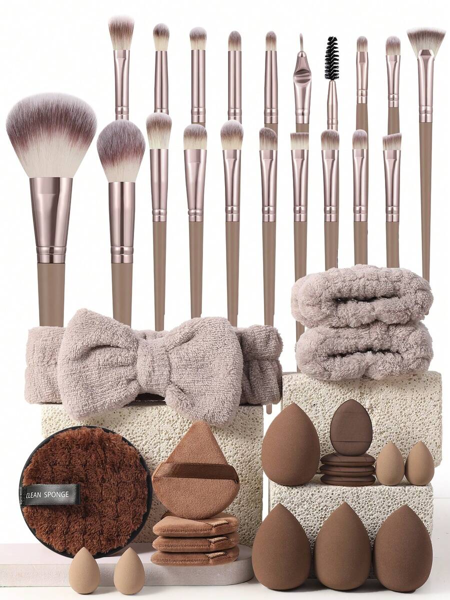 40件套化妆工具套装，包含：20支化妆刷套装+1个发圈+2个手碗带+1个洁面海绵+4个三角粉扑+4个迷你化妆海绵+4个化妆海绵+4个迷你气垫粉扑，一应俱全，新手友好 | 方便旅行携带，送礼佳品 | 新手/女性的完美之选 - 彩色 - 查看 1