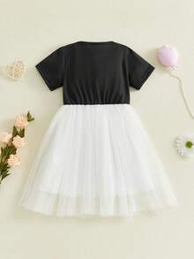 Vestido de verano para niña, estampado floral 3D de tul con patchwork, mangas cortas, cuello redondo, corte A - Negro - Ver 4