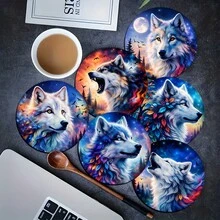 6pcs Siberian Wolf Pattern Coaster Set, Home Decor Absorbent Silica Gel Coasters For Tea Cup, Water Glass, Wine Glass, Coffee Mug, Suitable For Home, Party, Kitchen Accessories, All Season Decoration - Multicolor - View 13