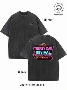 2026Men'S Summer T-Shirt -Treaty Oak Revival No Vacancy, Reversible Print Design, Retro Street Style, Round Neck, Short Sleeve, 230g Washed Cotton, Suitable For Everyday Casual, Door Wear,White Tops,Valentines Day Outfit,Mardi Gras,Summer Tops,  For Women,Valentine Outfits For Women,Women Tops,Fairycore,Superbowl,Trajes Elegantes De Mujer - 黑色 - 查看 12