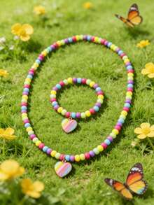 女孩可爱爱心项链和手链套装，彩色珠子吊坠首饰，儿童生日派对礼物 - 均碼 - 查看 1