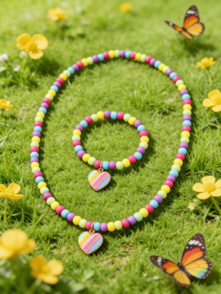 女孩可爱爱心项链和手链套装，彩色珠子吊坠首饰，儿童生日派对礼物 - 均碼 - 查看 1