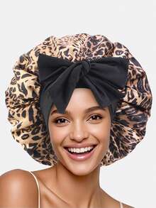 1pc Women's Leopard Print Elastic Ribbon Satin Sleeping Cap/Chemo Cap/Makeup Cap, Suitable For Daily Use - Multicolor - View 10