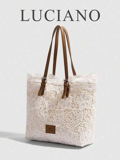 White Lace Tote Bag For Women, Casual Travel Lace Shopping Bag With Woven Pattern Design, Hollow Lace, French Retro Style, Suitable For Professional Women, Woven Bag