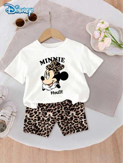  Disney Mickey Mouse Infant Girls' Minnie Letter Print Short Sleeve T-Shirt And Shorts Cute Set, Children Casual Holiday Leopard Print Elastic Waist Shorts Outdoor Apparel