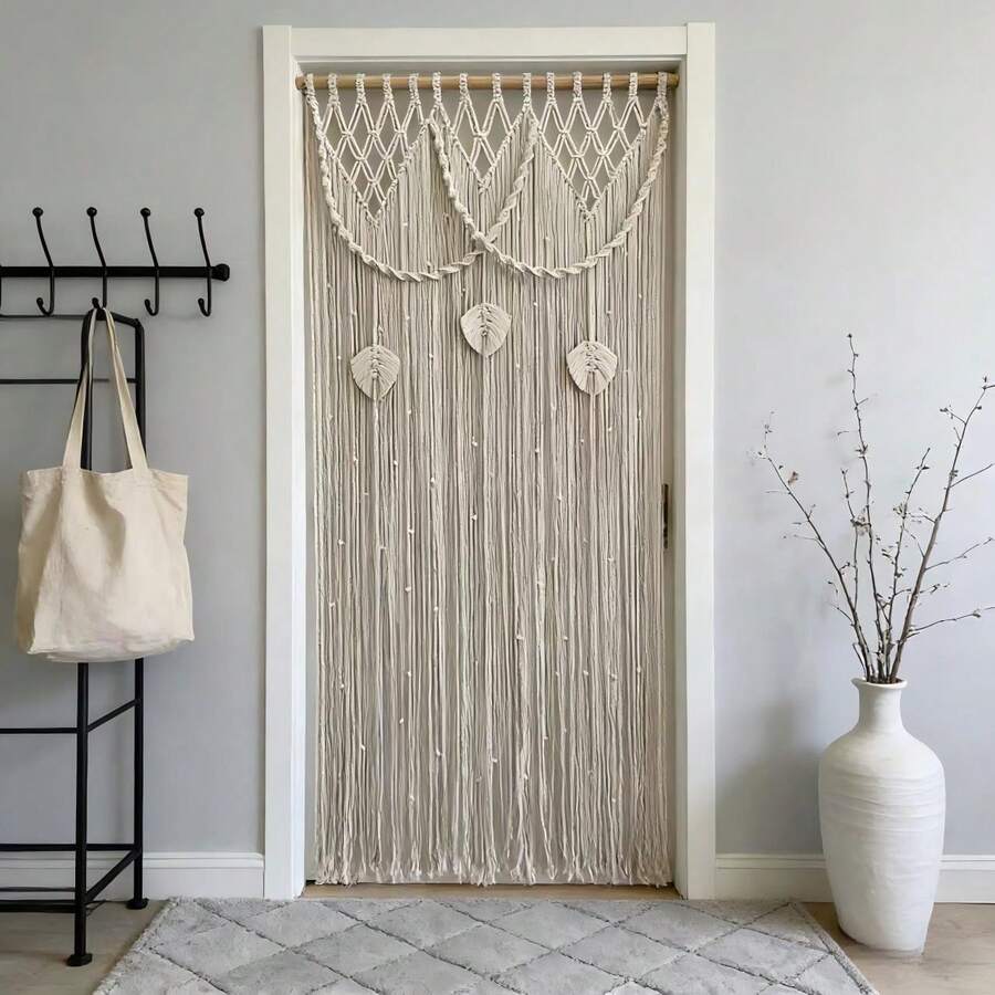 1pc Macrame Curtain, Boho Style Handmade Woven Tassel Valance Window Curtain For Room, Living Room, Entryway, Divider - Excluding Wooden Rod