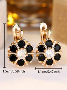 1 Pair Shiny Black & White Cubic Zirconia Flower Design Champagne Gold Plated Women's Earrings - Luxury Valentine's Day Holiday Gift, Suitable For Party, Daily Wear And Gift Giving, All Seasons