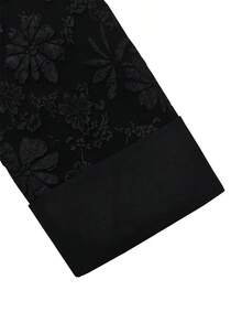 Women's Elegant Minimalist Black Jacquard Patchwork Fabric Round Neck Short Sleeve Midi Dress, Spring/Summer - Black - View 9