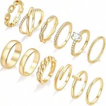 12 PCS Dainty 14K Gold Rings Women, Open Chunky Twist Simulated Criss Designs, Non Tarnish Gold Plated Stacking Thumb Ring, Wedding Bands Size 5 - 11 - 金幣 + 8 - 查看 2