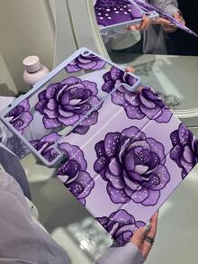 1个优雅可爱的卡通紫色花朵蝴蝶结双面亚克力透明水晶后盖，防震，适用于iPad 7、8、10代（10.2英寸），内置笔槽，支持睡眠/唤醒功能，可折叠支架，节日/新年礼物 - 彩色 - 查看 4