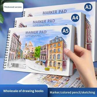 1本A5尺寸加厚螺旋装订素描本 - 高品质绘图纸，适用于彩色铅笔和马克笔，包含城市景观示例、标签簿和绘画项目 - 是艺术学生和爱好者的理想选择，可用于素描、专业艺术创作，表面光滑，适合创意专业人士。