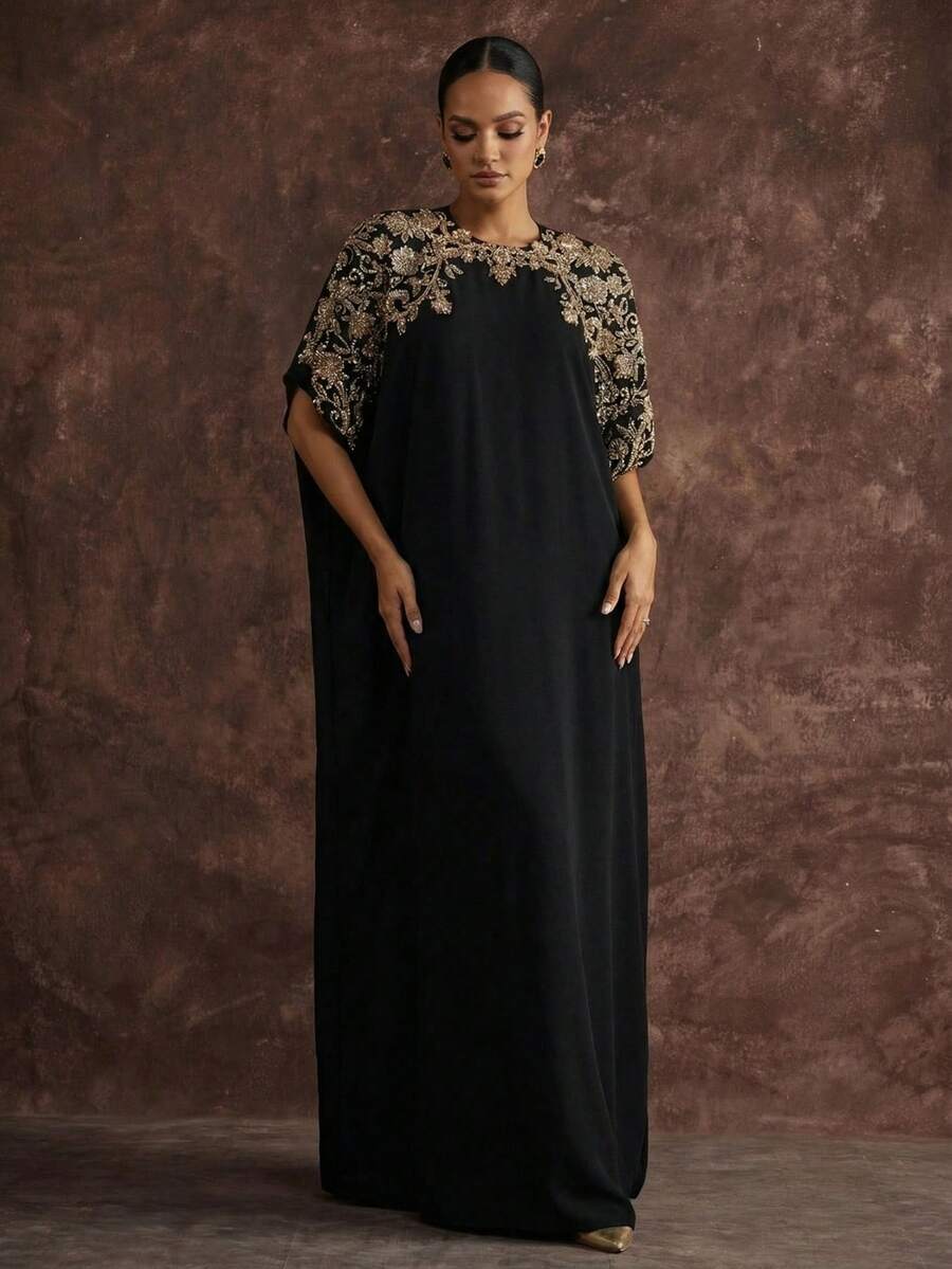 AmazingHoney Robe caftan noire élégante à manches courtes avec détails de perles dorées. Longue robe pour femmes (coupe oversize - veuillez vérifier le tableau des tailles)