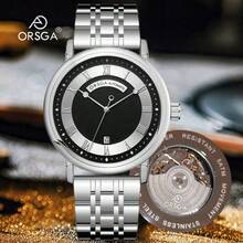ORSGA Men's Automatic Mechanical Watch With Date, 50M Waterproof Stainless Steel Business Casual Watch - 銀色鋼帶黑面 - 查看 2