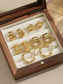 5 Pairs Vintage Twisted Rope, Minimalist Asymmetrical Metal Crinkle Geometric Niche Design French Delicate Hollow Stereo Chic Earrings Set, Suitable For Women's Daily And Festival Wear - Gold - View 2