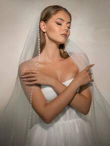 1pc Handmade Beaded Rhinestone Starry Glitter Bridal Veil, Suitable For Weddings, Wedding Photography, Holiday Gifts, Comes With Metal Hair Comb Valentine's Day Accessories - V - Xem 8