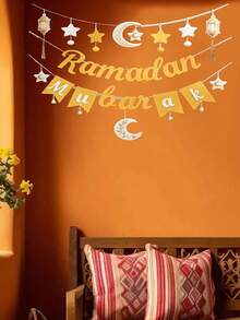 Bộ 3 banner treo trang trí Eid Mubarak màu trắng và vàng, làm bằng nỉ, họa tiết trăng, sao, đèn lồng, chuông và tua rua, thích hợp để trang trí tường nền cho các bữa tiệc, lễ hội. - Nhiều màu - Xem 3