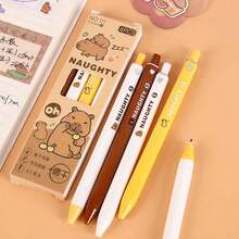 水豚主题可擦塑料笔 | 0.5mm 细笔尖，速干墨水，轻巧可伸缩走珠笔，内置橡皮擦，黄棕色设计，大容量多层铅笔盒，返校必备办公用品，情人节礼物 - 彩色 - 查看 16