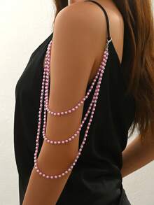 1入優雅三重層次仿珍珠和雕刻亞克力珠子的女式連身鏈，多功能時尚珠寶，適用於派對和宴會 - 仿珍珠 - 查看 7