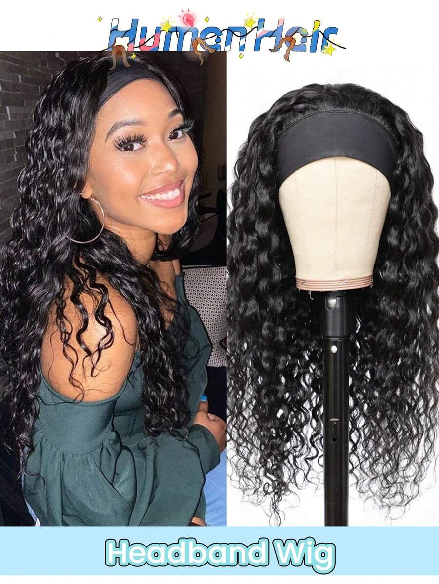 150% Density Brazilian Water Wave Headband Wig, Full Machine Weft, Designed, Human Hair, Easy To Wear, Brazilian Virgin Hair, Deep Water Wave Curls, 16 Inches, No Glue No Lace, Water Wave Headband Wig, Suitable For Daily Wear - Natural Black - View 1