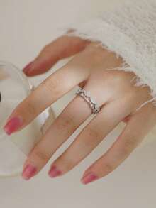 Nooxian 1pc Women's Adjustable Crown Copper Ring Inlaid With Zirconia - Silver - View 7