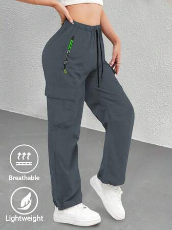 Pantalones rectos para mujer para hacer ejercicio, pantalones jogger ligeros y transpirables con bolsillos con cremallera de contraste, versátiles para múltiples ocasiones