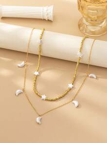 2件套仿珍珠星月吊坠，可叠戴，波西米亚风串珠腰链，适合度假、节日佩戴