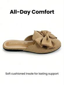 Women's Bow Tie Flat Slippers, Minimalist Fashion Comfortable Slides, Open Toe Design, Versatile Summer Sandals, Elegant Casual Flip Flops, Suitable For Daily Wear And Vacation - Khaki - View 4