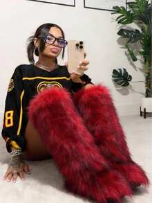 Women's Winter Furry Snow Boots Fuzzy Fluffy Round Toe Suede Booties Flat Heel Slip On Outdoor Indoor Shoes Fashion Warm Fluffy Shoes - 過膝紅色 - 查看 9