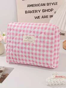 Quilted Cosmetic Bag Set, Stylish Travel Toiletry Bag, Cute Small Pouch, Kawaii Cosmetic Bag, Travel Plaid Cosmetic Organizer Bag With Zipper Pocket, Plaid Style Cosmetic Bag , Travel Makeup Bag, Large Capacity Pencil Case, Makeup Brush Holder, Holiday Travel Toiletry Bag, Bathroom Accessories, Wedding Gift - Pink - View 10